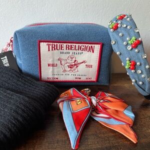 True Religion Denim Cosmetic Bag Bundle w/ Cherry Headband Bag Charm Leg Warmers